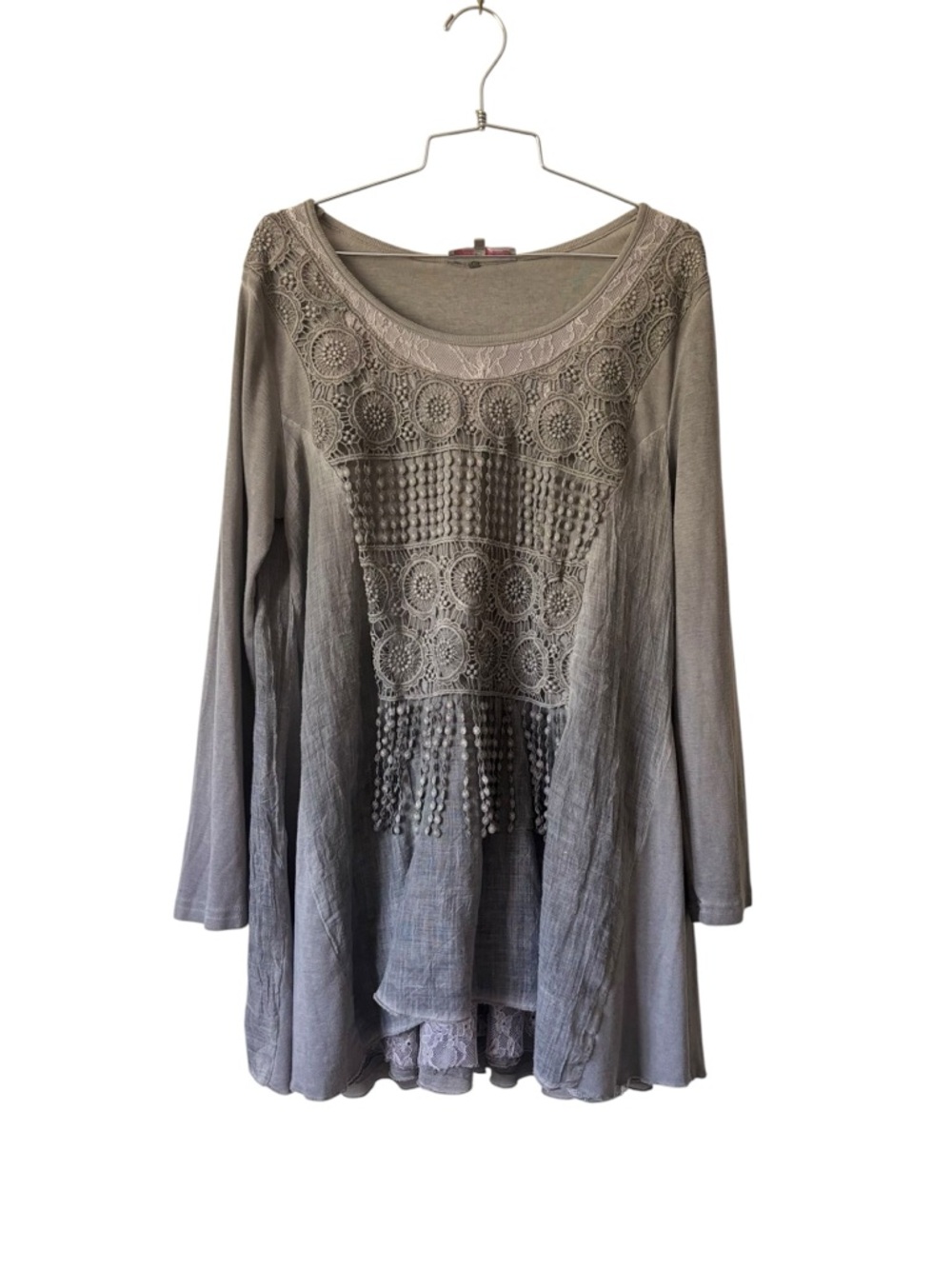 Pretty Angel Linen Fairycore Lace Gray Lagenlook Boho Oversized Tunic Size L